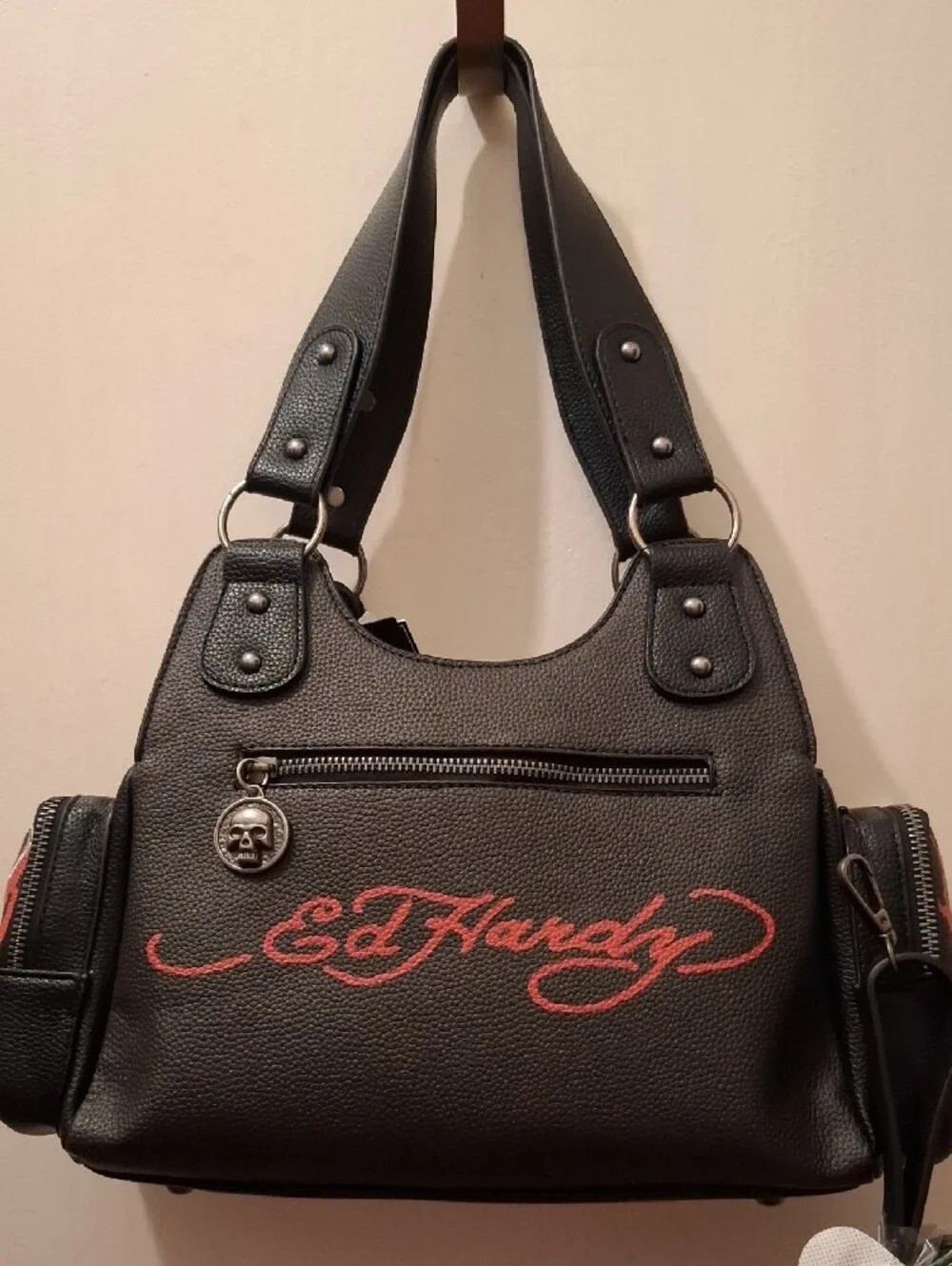 Ed Hardy Black, Red & Light Blue Heart Star Patch Satchel